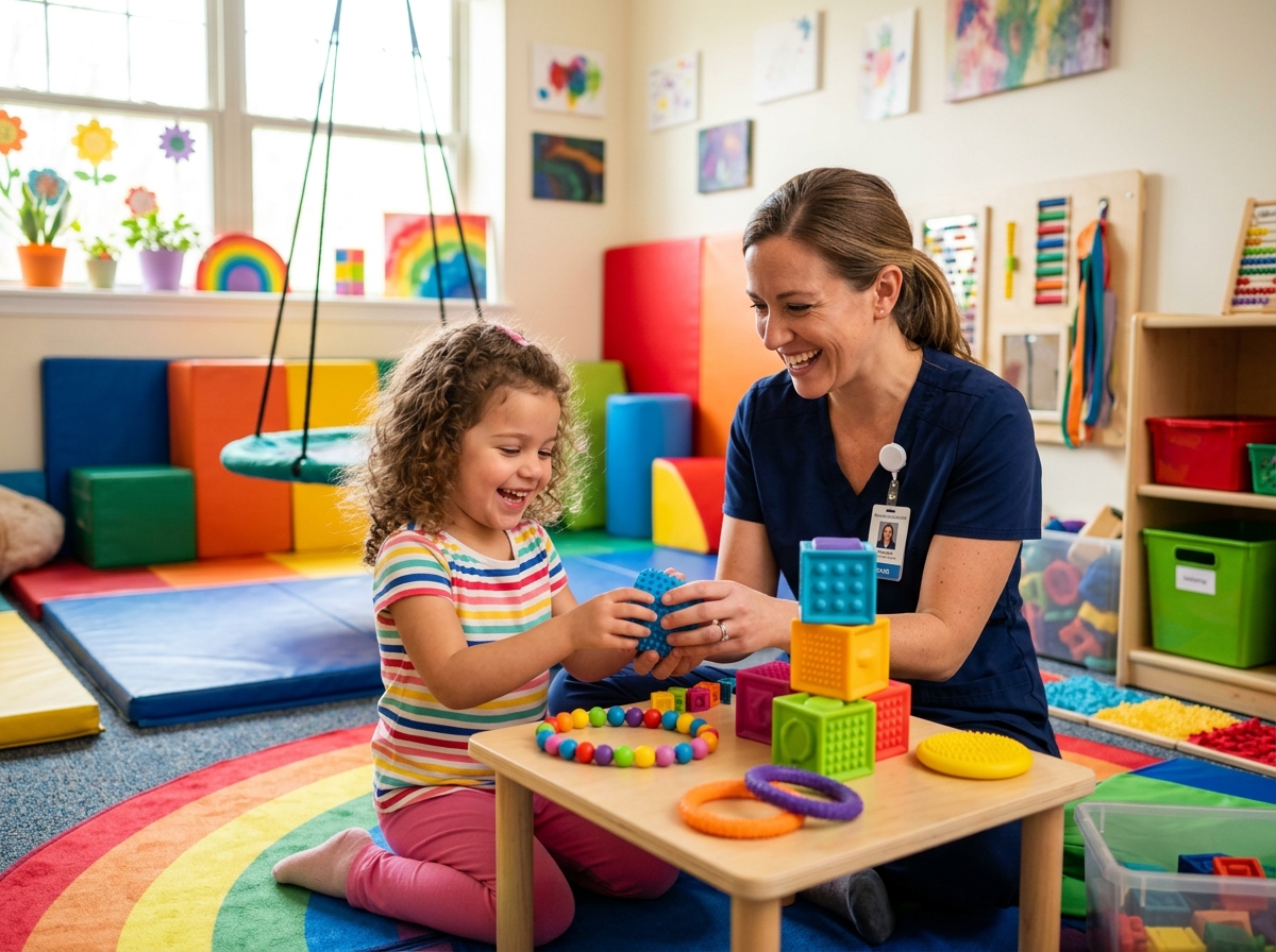 Sessão de terapia ocupacional infantil com brinquedos sensoriais